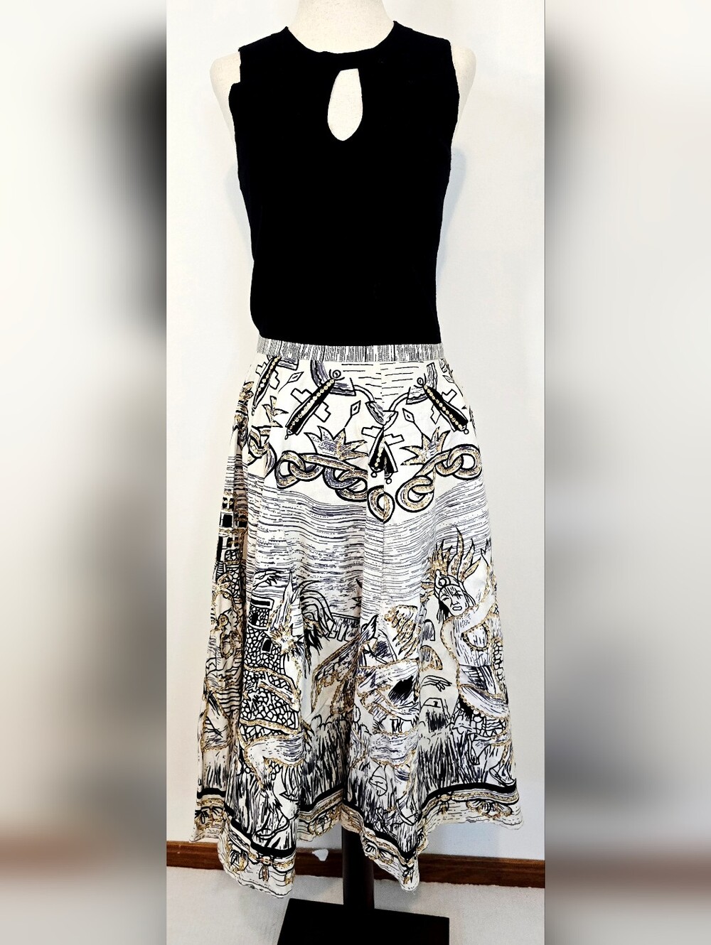 Mix Nouveau Embellished Cotton Midi Skirt Novelty Print Boho Art to Wear Cottage